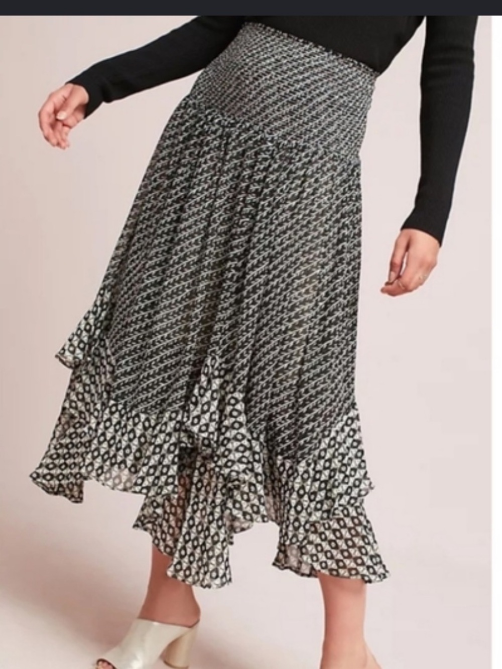 Akemi + Kin Anthropologie Skirt Women S Black Geometric Maxi Smocked Ruffle